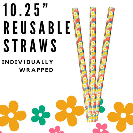 Striped Daisy Flower ~ 10.25" Long Printed Plastic Straws ~ IND WRAPPED Kim's Korner Wholesale