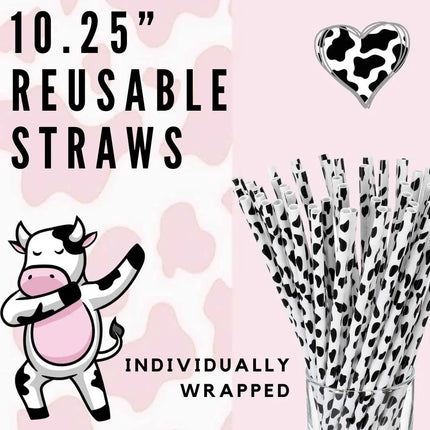 Cow Print 10.25" Long Printed Plastic Straws ~ IND WRAPPED - Kim's Korner Wholesale