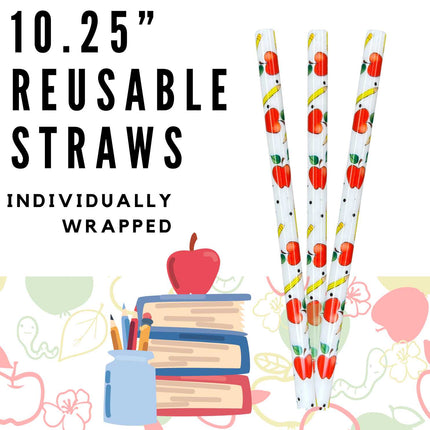 Teacher Apples 10.25" Long Printed Plastic Straws ~ IND WRAPPED Kim's Korner Wholesale